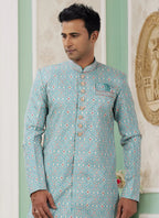 Raivat Ethnic Banarasi Jacquard Embroidery Indo Western Sherwani In Green Colour | Grocsy