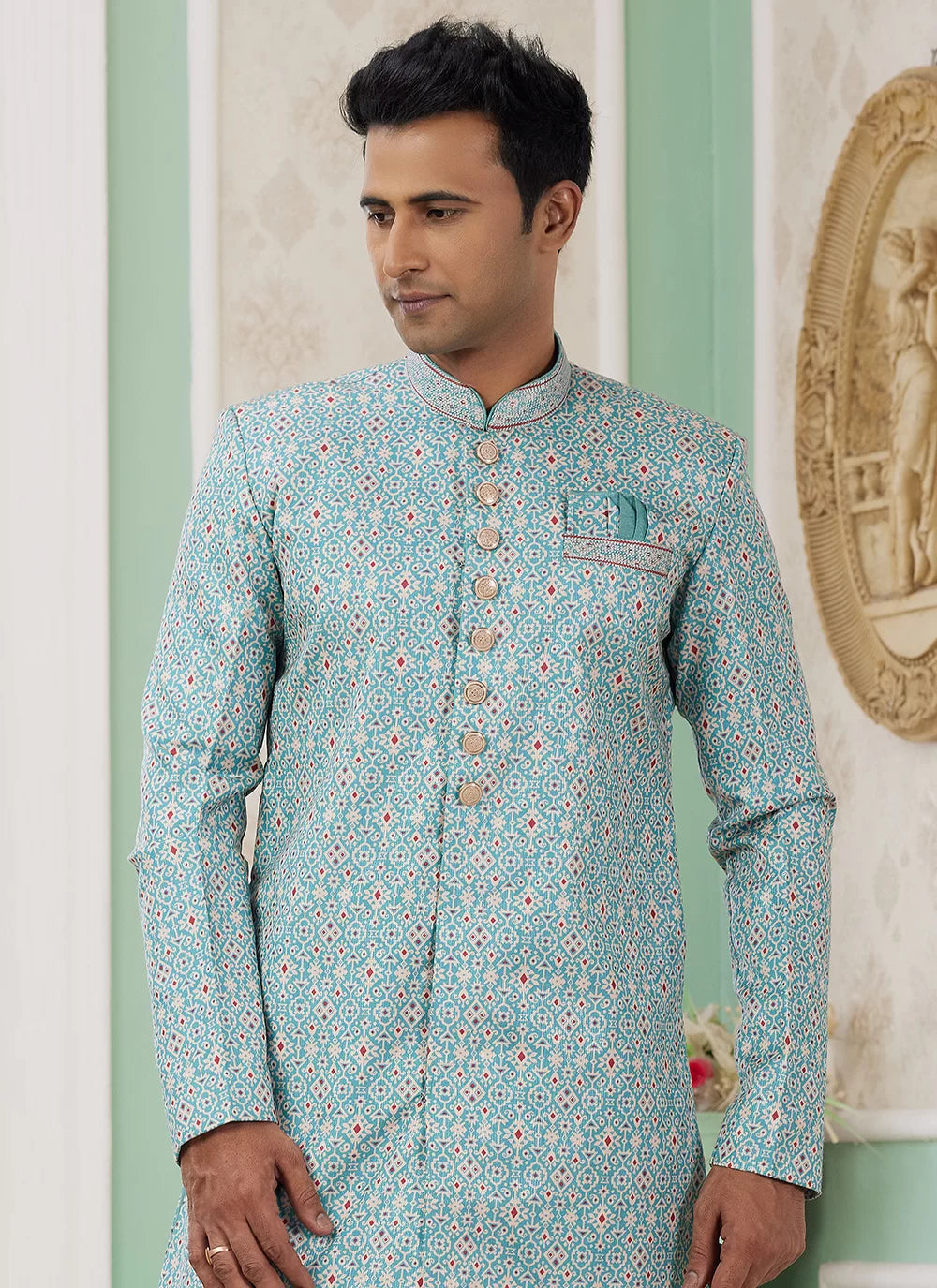 Raivat Ethnic Banarasi Jacquard Embroidery Indo Western Sherwani In Green Colour | Grocsy