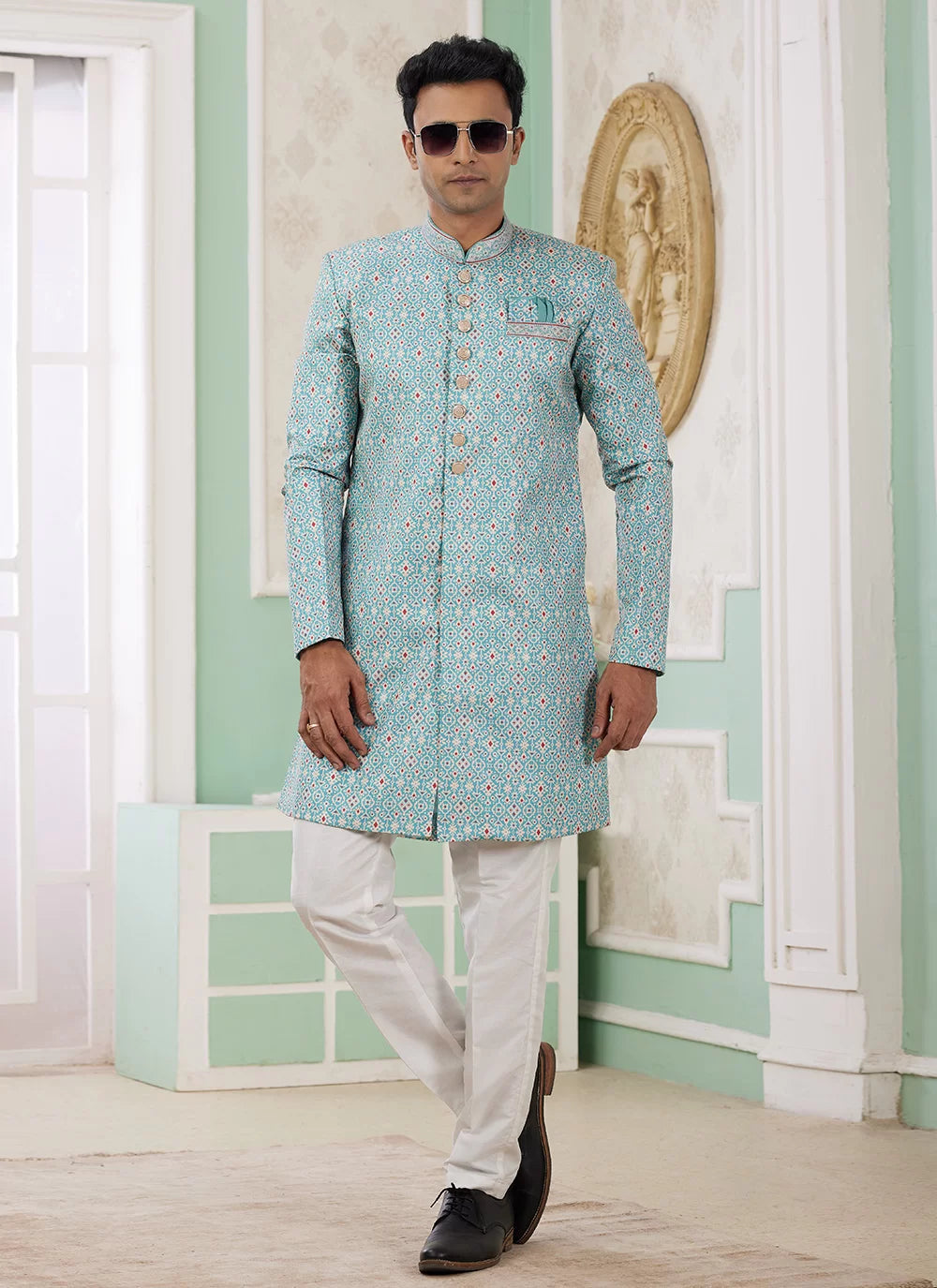 Raivat Ethnic Banarasi Jacquard Embroidery Indo Western Sherwani In Green Colour | Grocsy