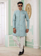 Raivat Ethnic Banarasi Jacquard Embroidery Indo Western Sherwani In Green Colour | Grocsy