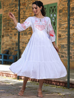 Juniper White Ethnic Motif Printed Rayon Slub Flared Dress With Thread Embroidery | Grocsy