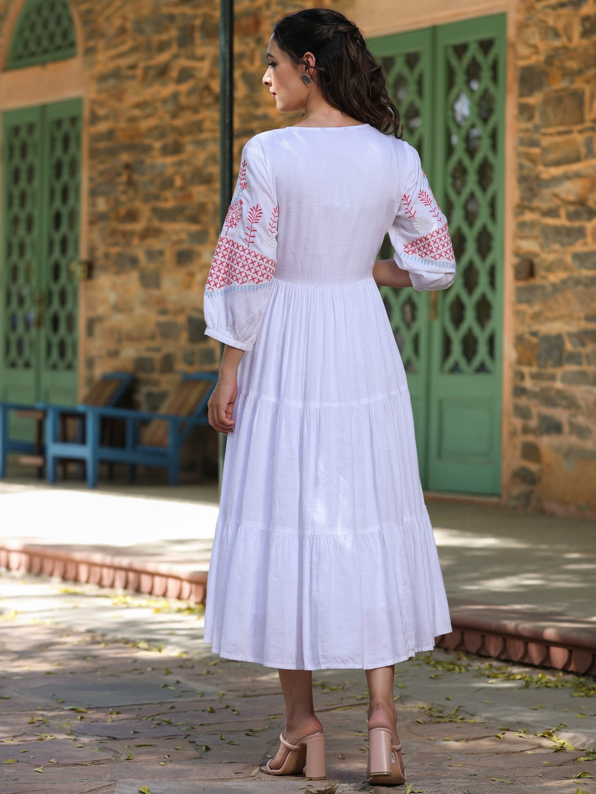 Juniper White Ethnic Motif Printed Rayon Slub Flared Dress With Thread Embroidery | Grocsy