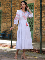Juniper White Ethnic Motif Printed Rayon Slub Flared Dress With Thread Embroidery | Grocsy