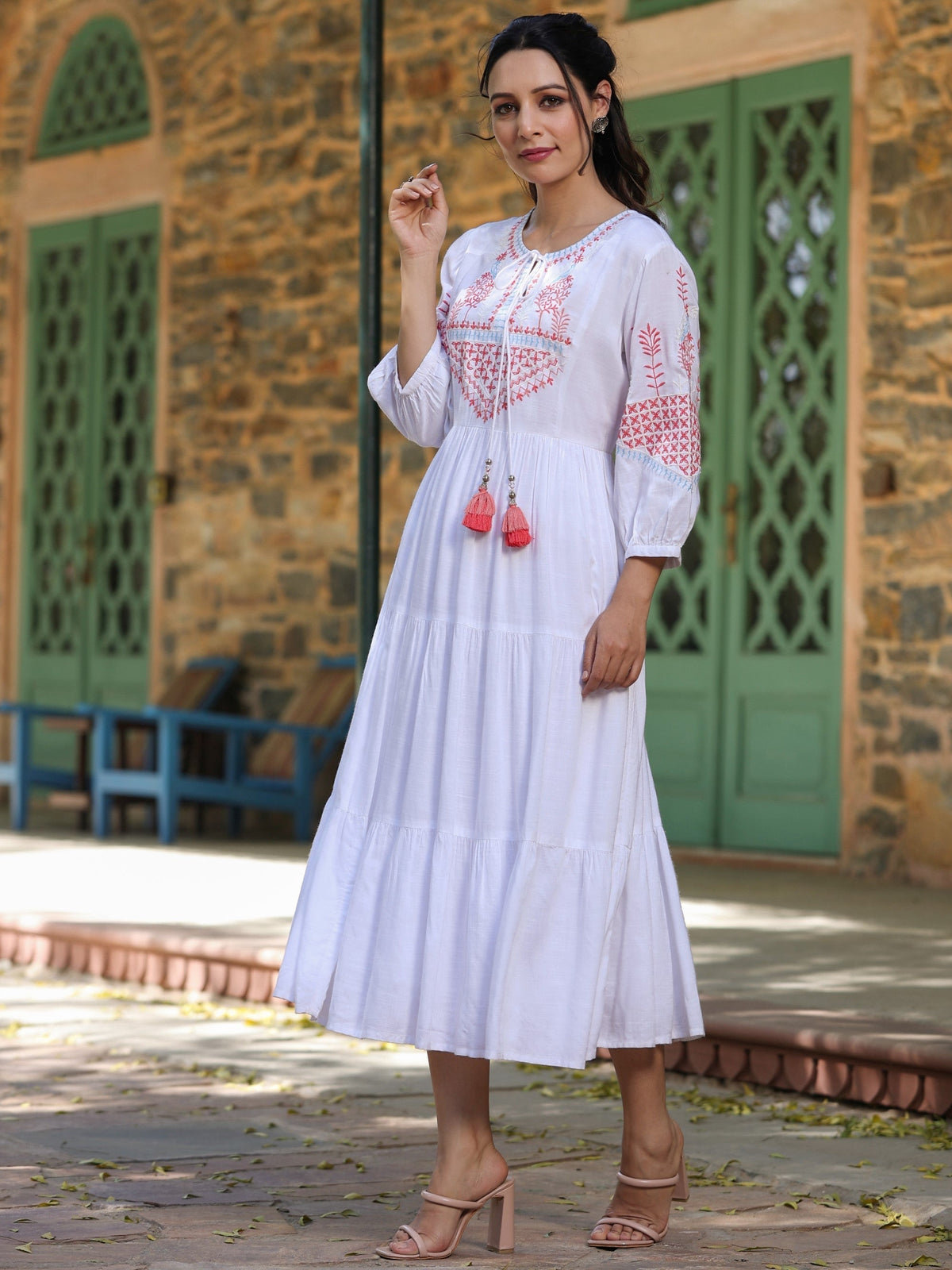 Juniper White Ethnic Motif Printed Rayon Slub Flared Dress With Thread Embroidery | Grocsy