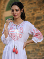 Juniper White Ethnic Motif Printed Rayon Slub Flared Dress With Thread Embroidery | Grocsy