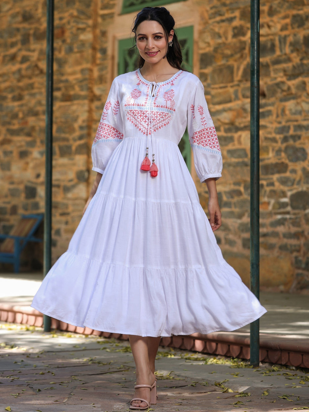 Juniper White Ethnic Motif Printed Rayon Slub Flared Dress With Thread Embroidery | Grocsy