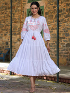 Juniper White Ethnic Motif Printed Rayon Slub Flared Dress With Thread Embroidery | Grocsy