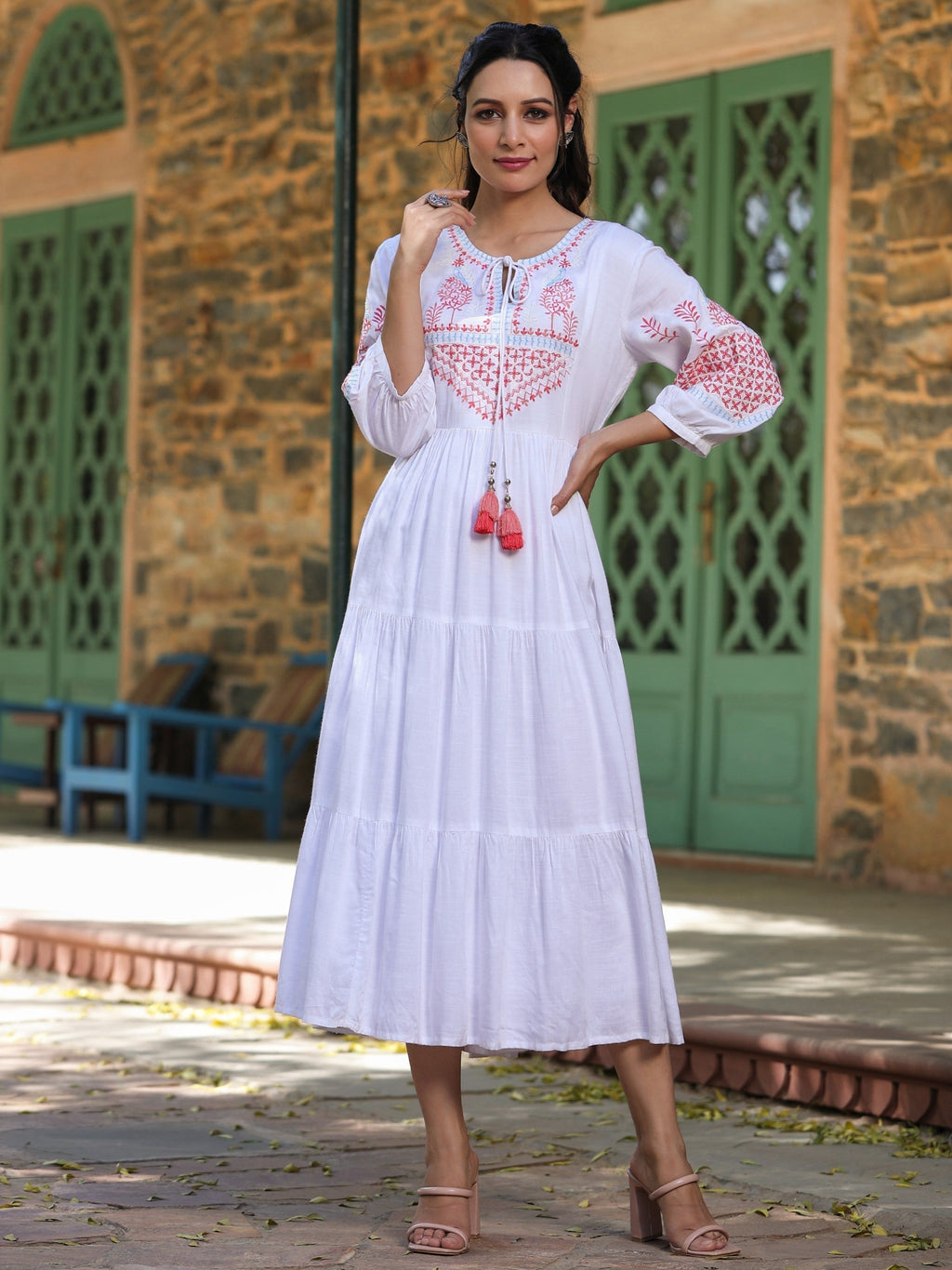 Juniper White Ethnic Motif Printed Rayon Slub Flared Dress With Thread Embroidery | Grocsy