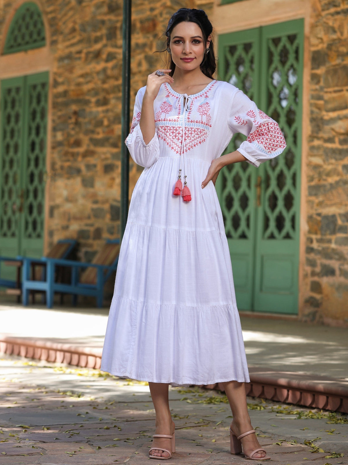 Juniper White Ethnic Motif Printed Rayon Slub Flared Dress With Thread Embroidery | Grocsy
