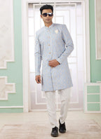 Raivat Ethnic Banarasi Jacquard Embroidery Indo Western Sherwani In Blue Colour | Grocsy