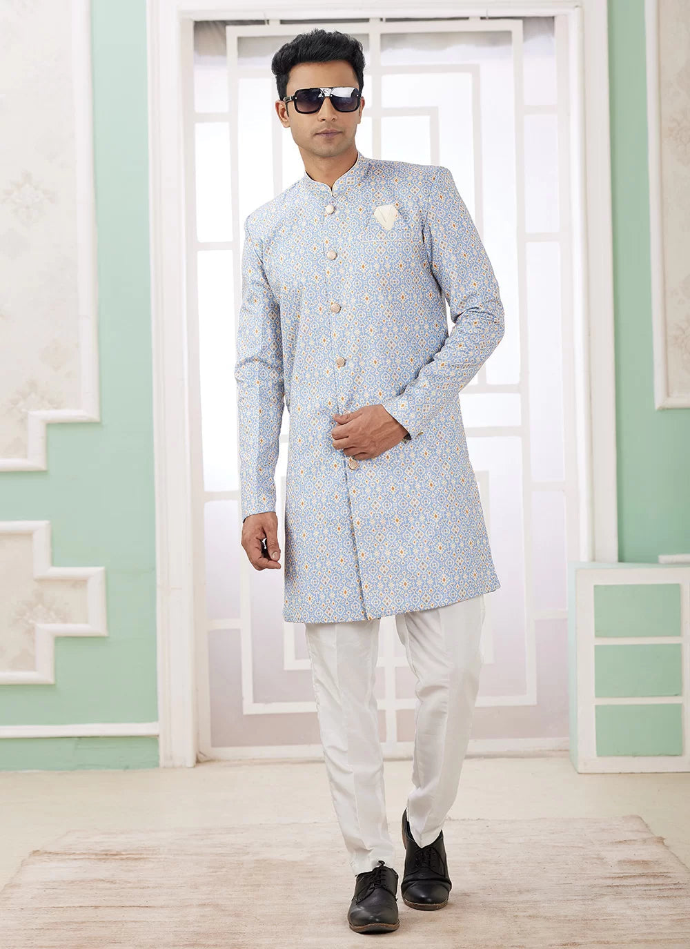 Raivat Ethnic Banarasi Jacquard Embroidery Indo Western Sherwani In Blue Colour | Grocsy