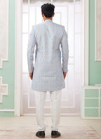 Raivat Ethnic Banarasi Jacquard Embroidery Indo Western Sherwani In Blue Colour | Grocsy