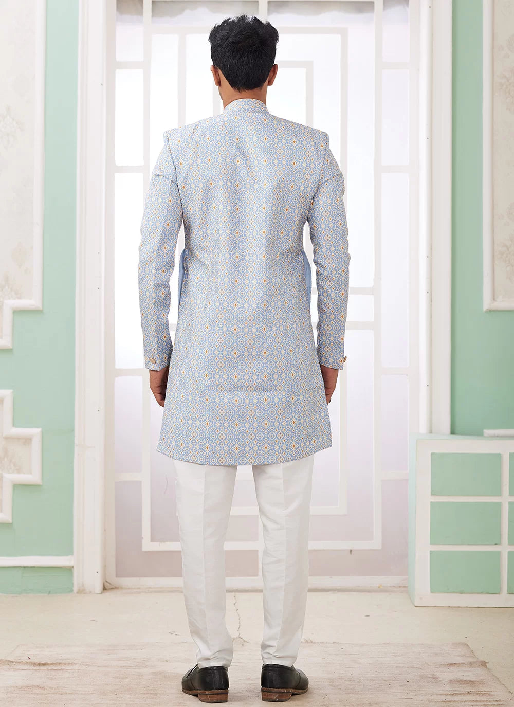 Raivat Ethnic Banarasi Jacquard Embroidery Indo Western Sherwani In Blue Colour | Grocsy