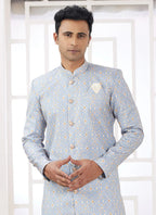 Raivat Ethnic Banarasi Jacquard Embroidery Indo Western Sherwani In Blue Colour | Grocsy