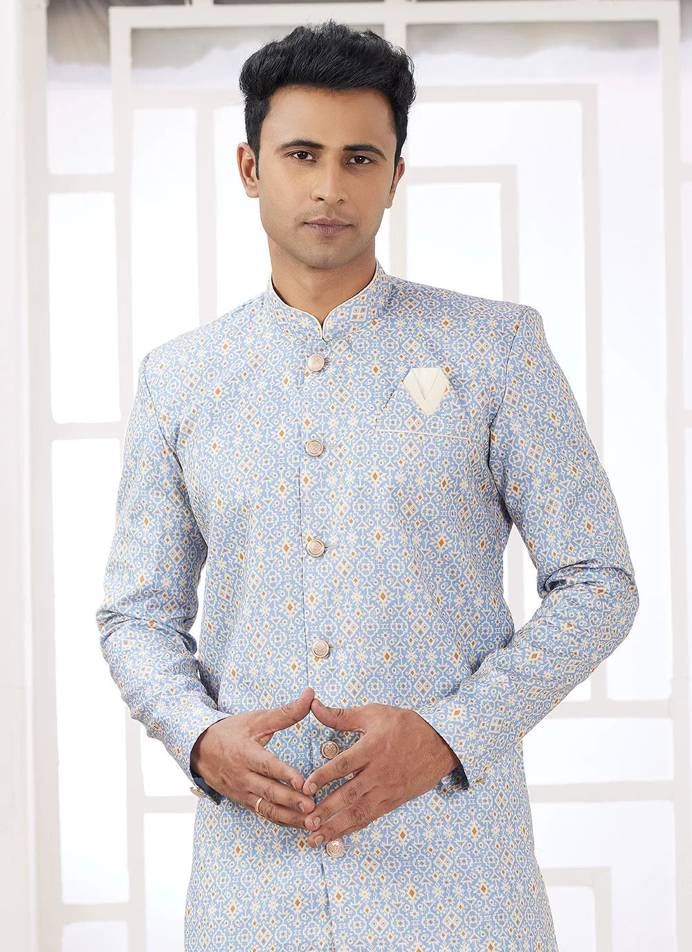 Raivat Ethnic Banarasi Jacquard Embroidery Indo Western Sherwani In Blue Colour | Grocsy