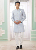 Raivat Ethnic Banarasi Jacquard Embroidery Indo Western Sherwani In Blue Colour | Grocsy