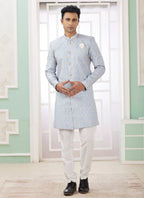 Raivat Ethnic Banarasi Jacquard Embroidery Indo Western Sherwani In Blue Colour | Grocsy