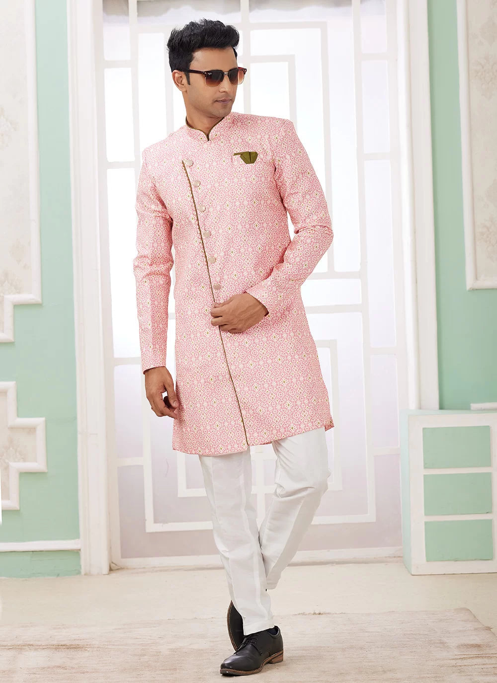 Raivat Ethnic Banarasi Jacquard Embroidery Indo Western Sherwani In Dark Pink Colour | Grocsy