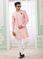Raivat Ethnic Banarasi Jacquard Embroidery Indo Western Sherwani In Dark Pink Colour | Grocsy