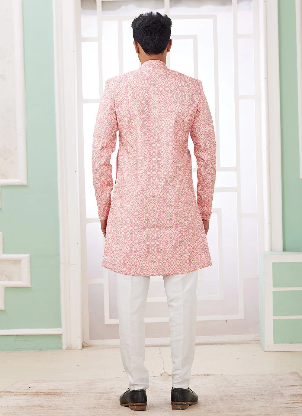 Raivat Ethnic Banarasi Jacquard Embroidery Indo Western Sherwani In Dark Pink Colour | Grocsy