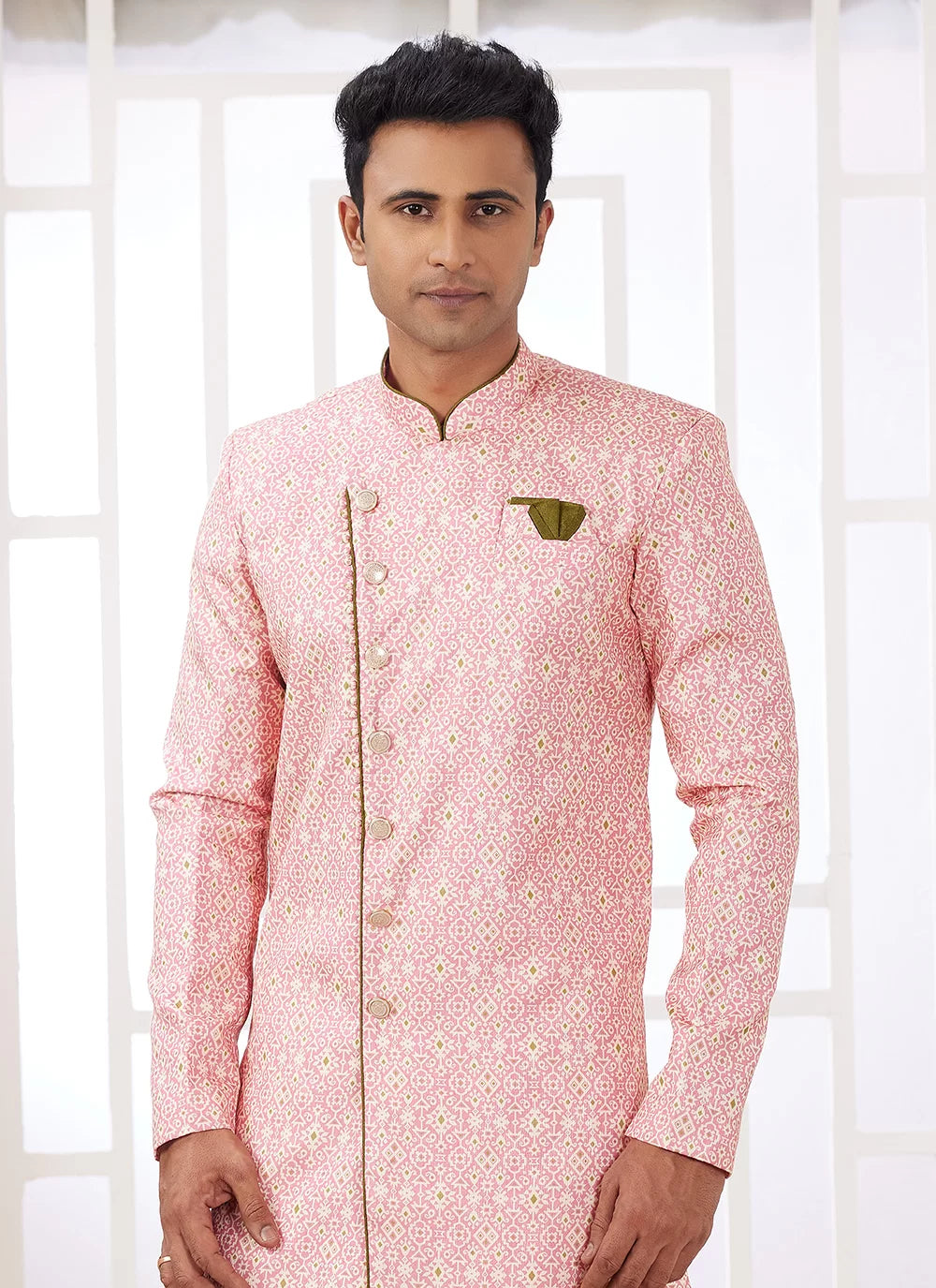 Raivat Ethnic Banarasi Jacquard Embroidery Indo Western Sherwani In Dark Pink Colour | Grocsy