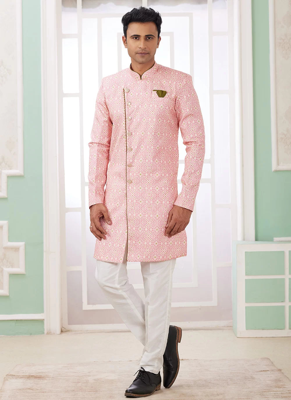 Raivat Ethnic Banarasi Jacquard Embroidery Indo Western Sherwani In Dark Pink Colour | Grocsy