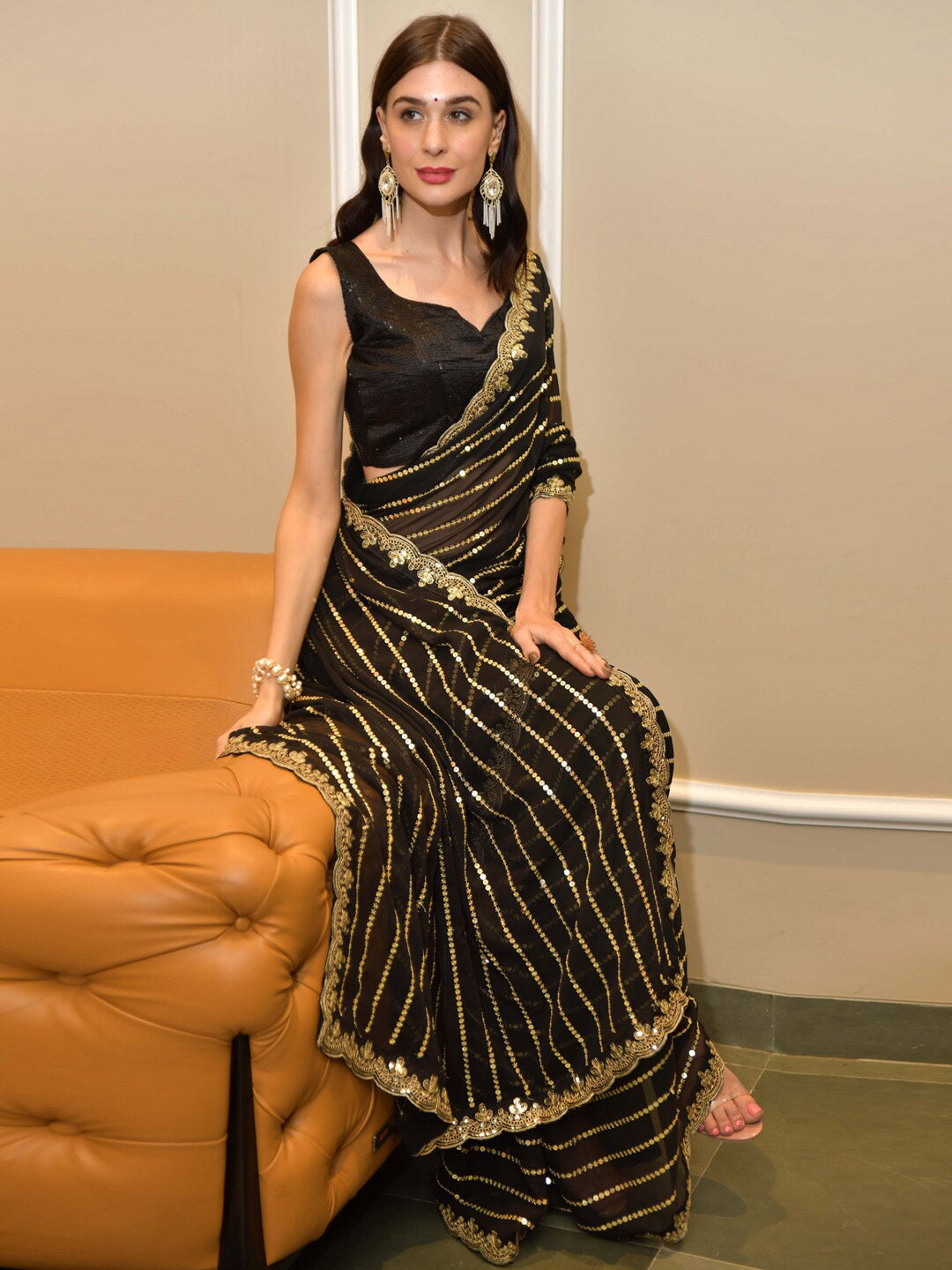 Sangria Striped Embellished Sequinned Saree | Grocsy