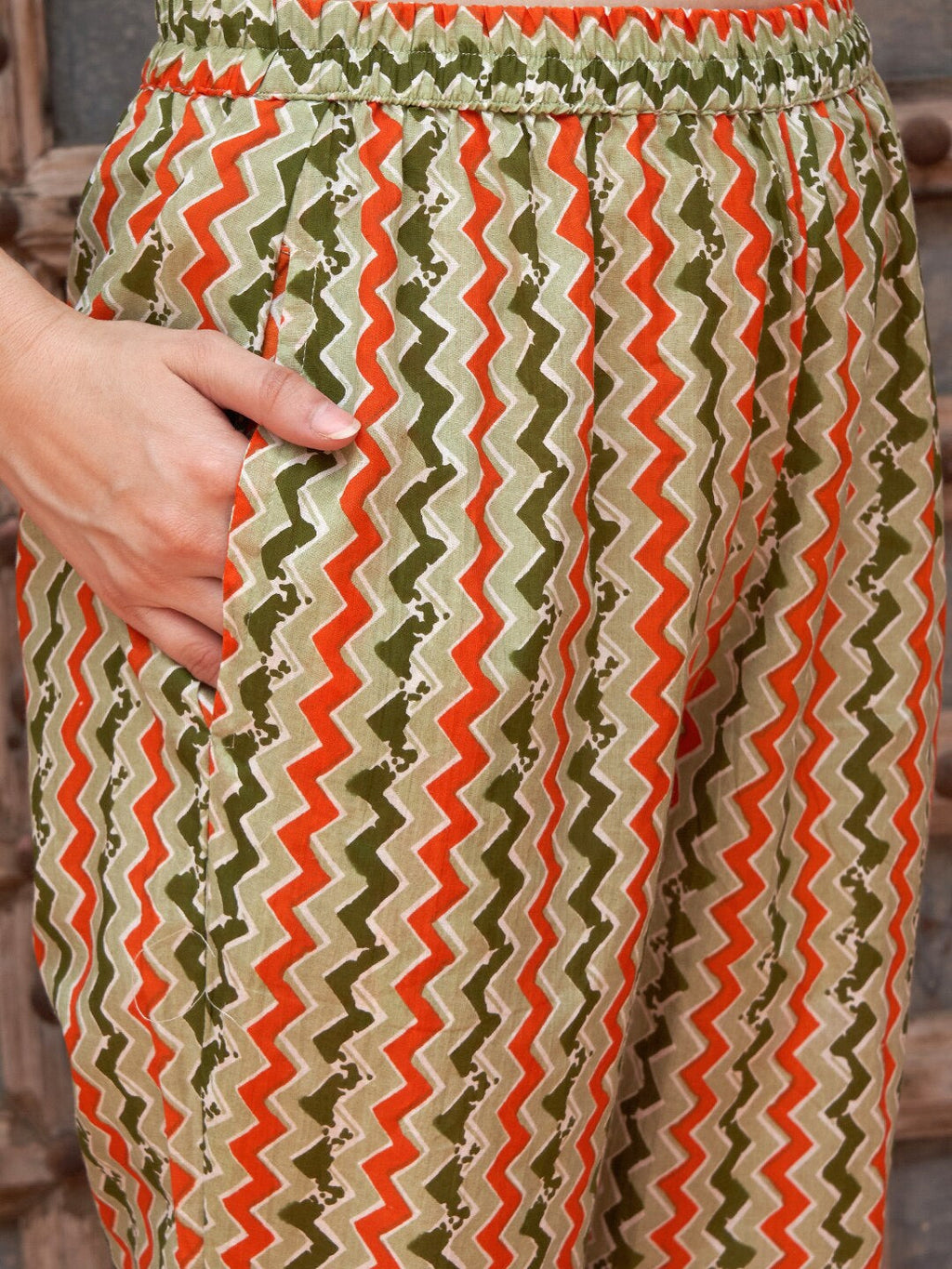 Sangria Orange Printed Gotta Patti Detail Pure Cotton A-Line Kurta With Trousers & Dupatta | Grocsy