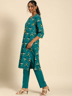 All About You Women Teal Blue Floral Printed Regular Pure Cotton Kurta with Trousers | Grocsy