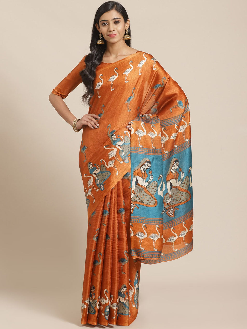 Saree Mall Rust Orange & Beige Ethnic Motifs Print Bhagalpuri Saree | Grocsy