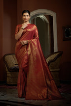Vardha Auburn Red Golden Zari Kanjeevaram Silk Saree | Grocsy