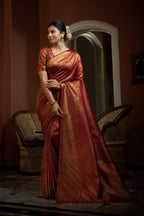 Vardha Auburn Red Golden Zari Kanjeevaram Silk Saree | Grocsy