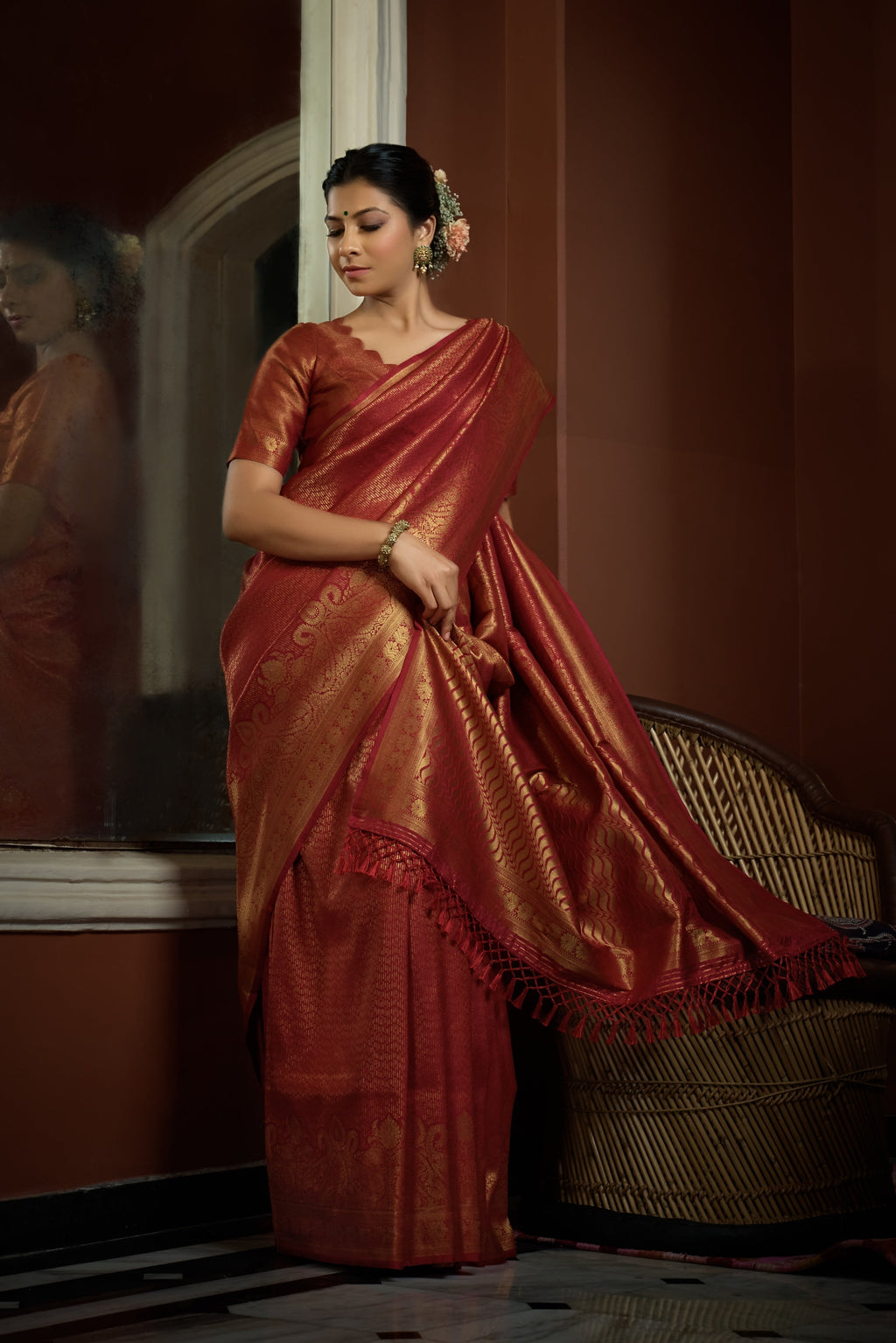 Vardha Auburn Red Golden Zari Kanjeevaram Silk Saree | Grocsy