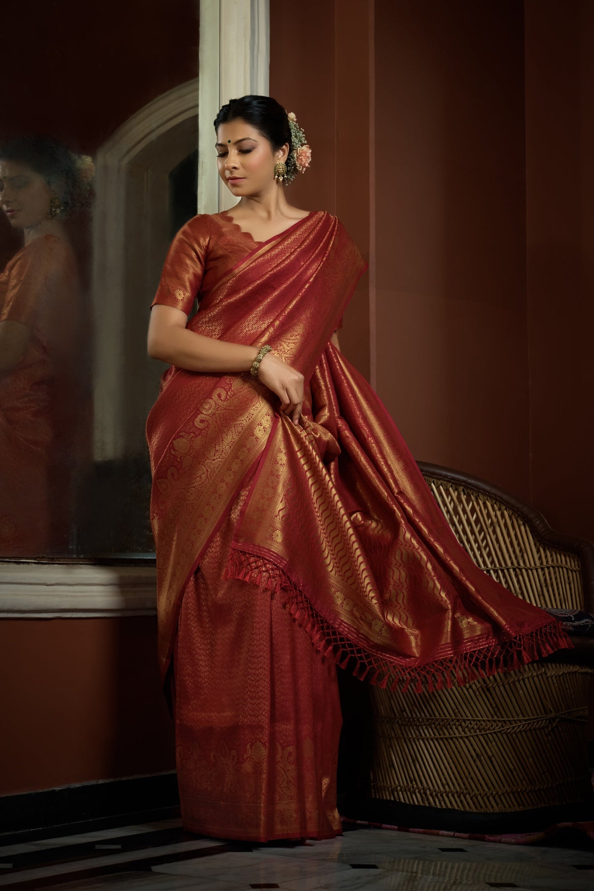 Vardha Auburn Red Golden Zari Kanjeevaram Silk Saree | Grocsy
