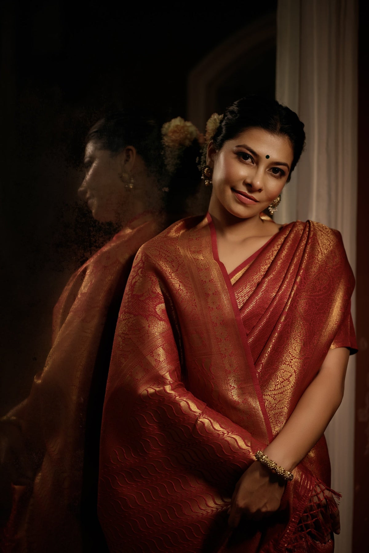 Vardha Auburn Red Golden Zari Kanjeevaram Silk Saree | Grocsy