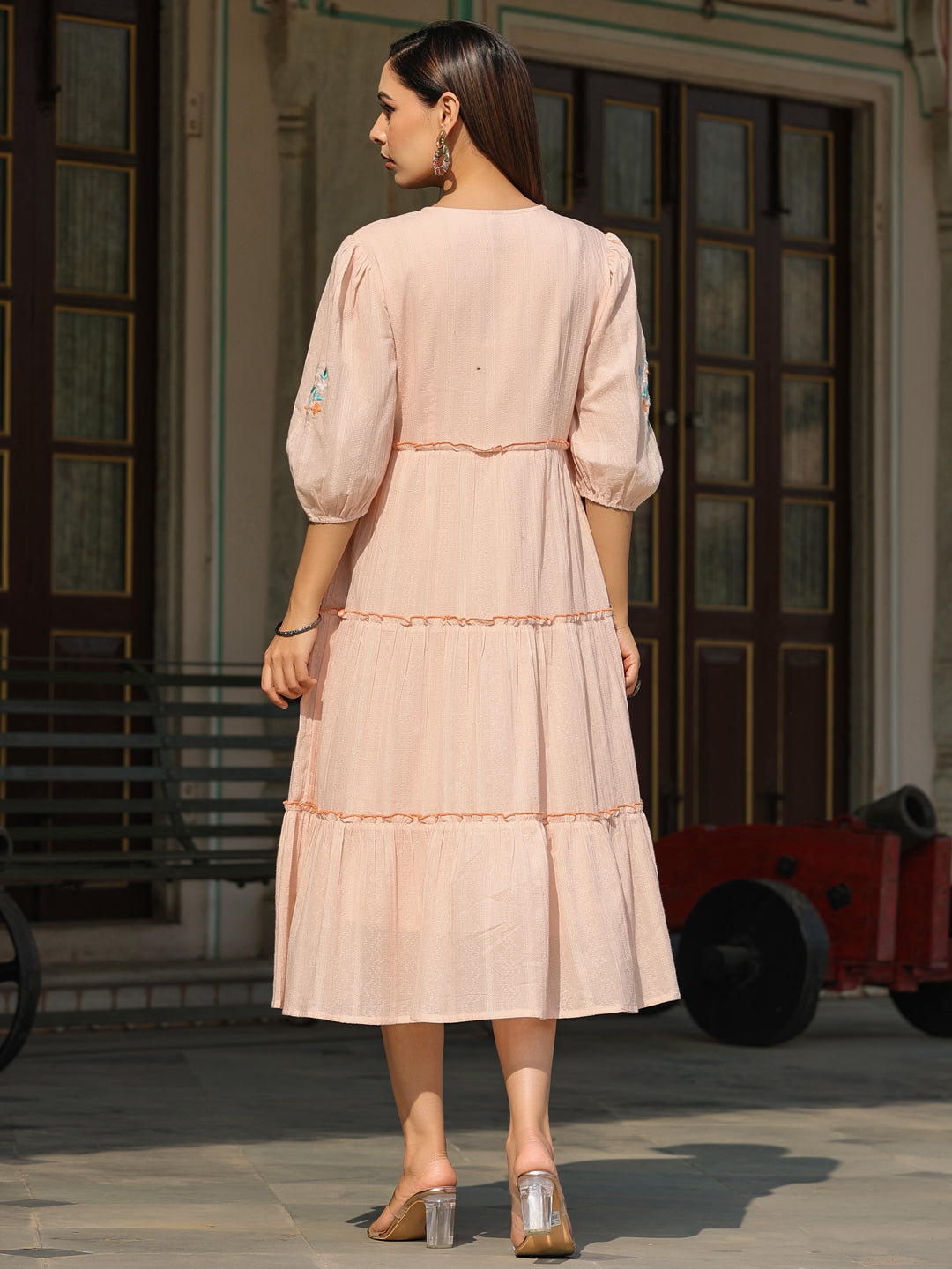 Juniper Women Peach Cotton Dobby Embroidered Tiered Maxi Dress | Grocsy