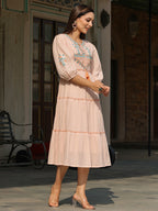 Juniper Women Peach Cotton Dobby Embroidered Tiered Maxi Dress | Grocsy