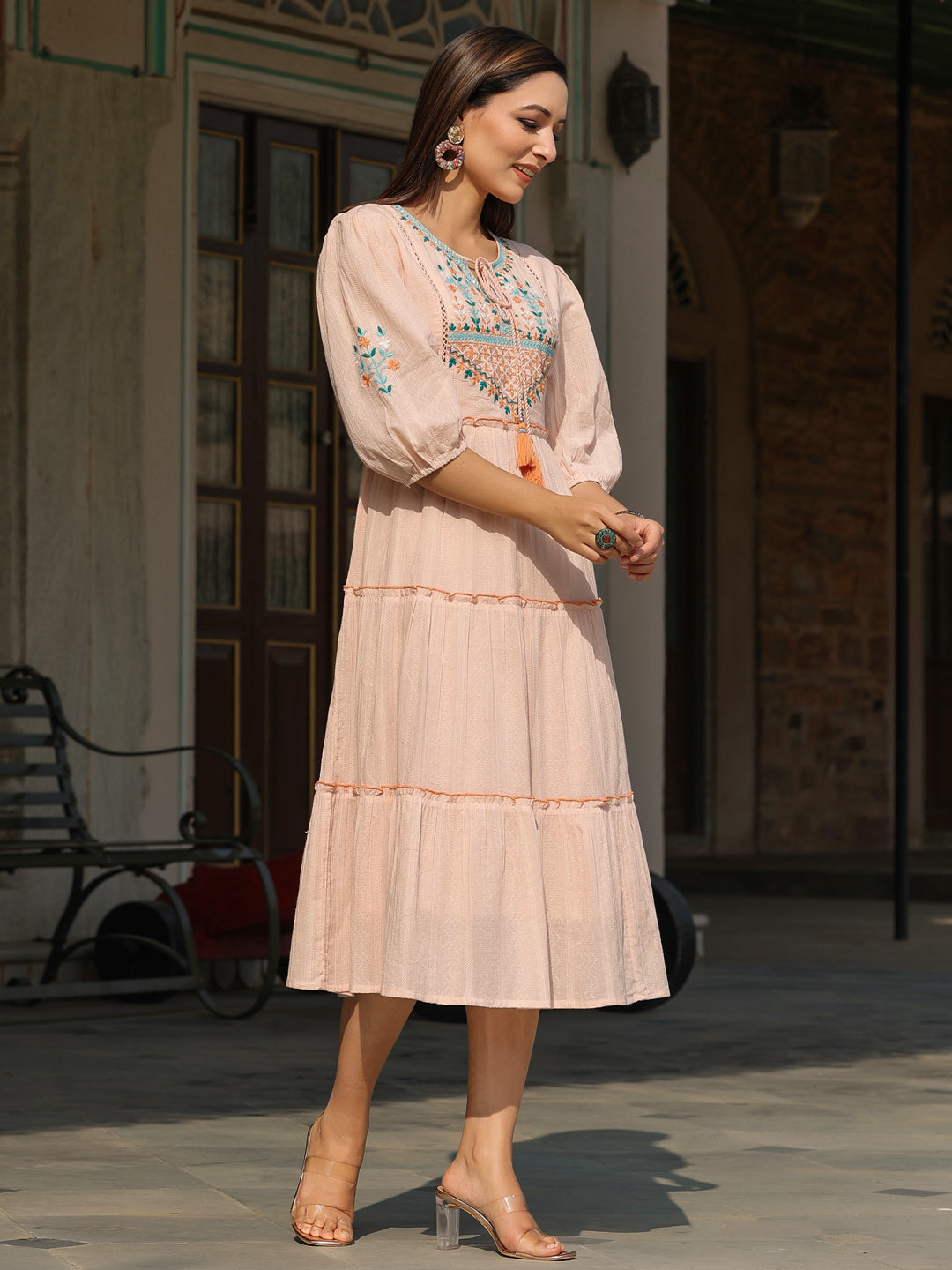 Juniper Women Peach Cotton Dobby Embroidered Tiered Maxi Dress | Grocsy