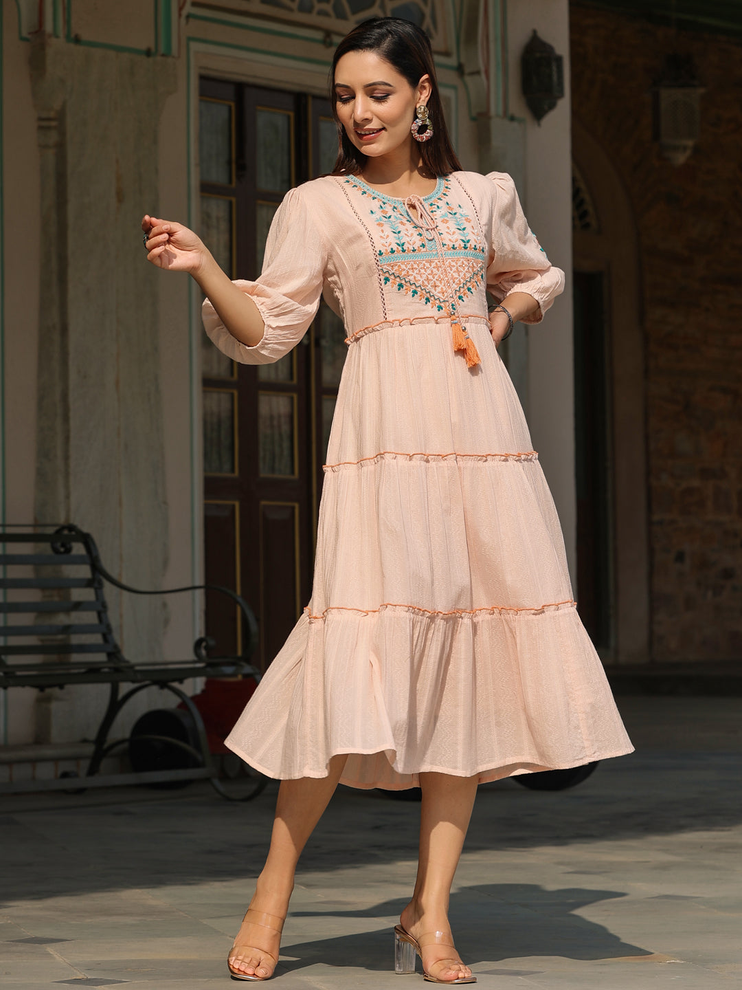 Juniper Women Peach Cotton Dobby Embroidered Tiered Maxi Dress | Grocsy