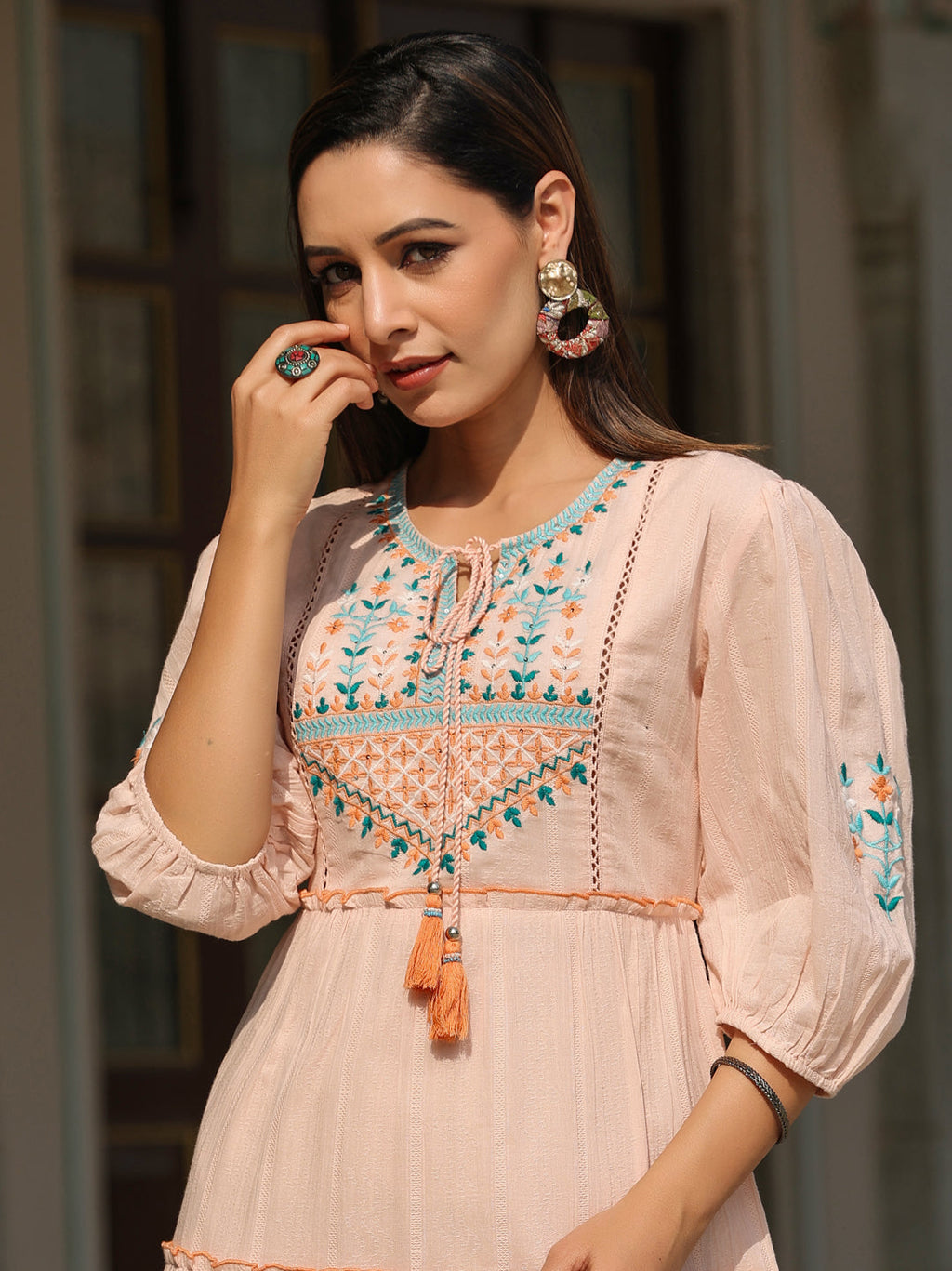 Juniper Women Peach Cotton Dobby Embroidered Tiered Maxi Dress | Grocsy