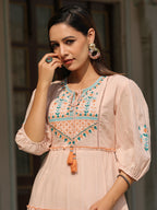 Juniper Women Peach Cotton Dobby Embroidered Tiered Maxi Dress | Grocsy