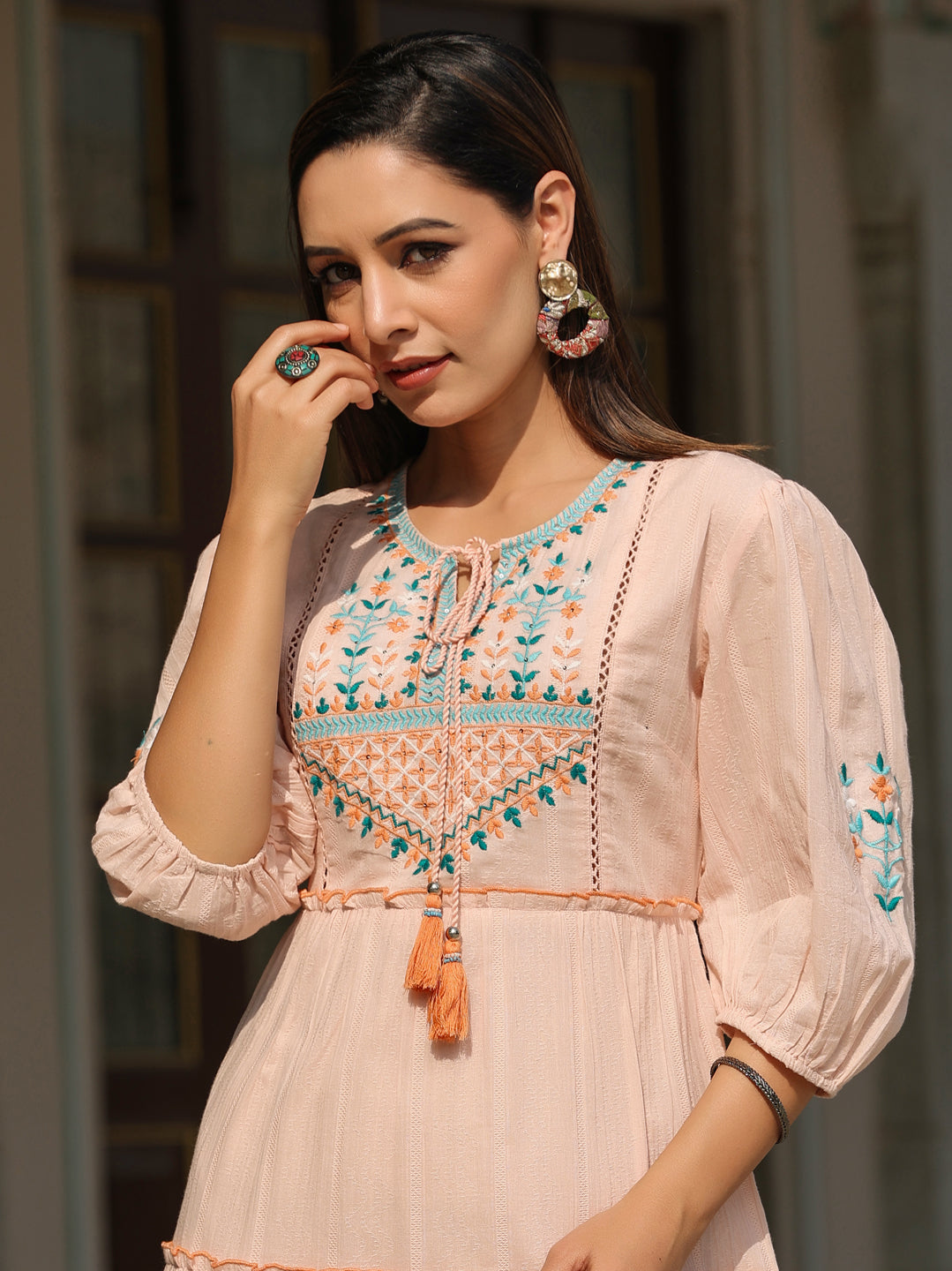 Juniper Women Peach Cotton Dobby Embroidered Tiered Maxi Dress | Grocsy