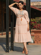 Juniper Women Peach Cotton Dobby Embroidered Tiered Maxi Dress | Grocsy