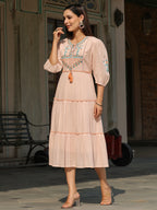 Juniper Women Peach Cotton Dobby Embroidered Tiered Maxi Dress | Grocsy
