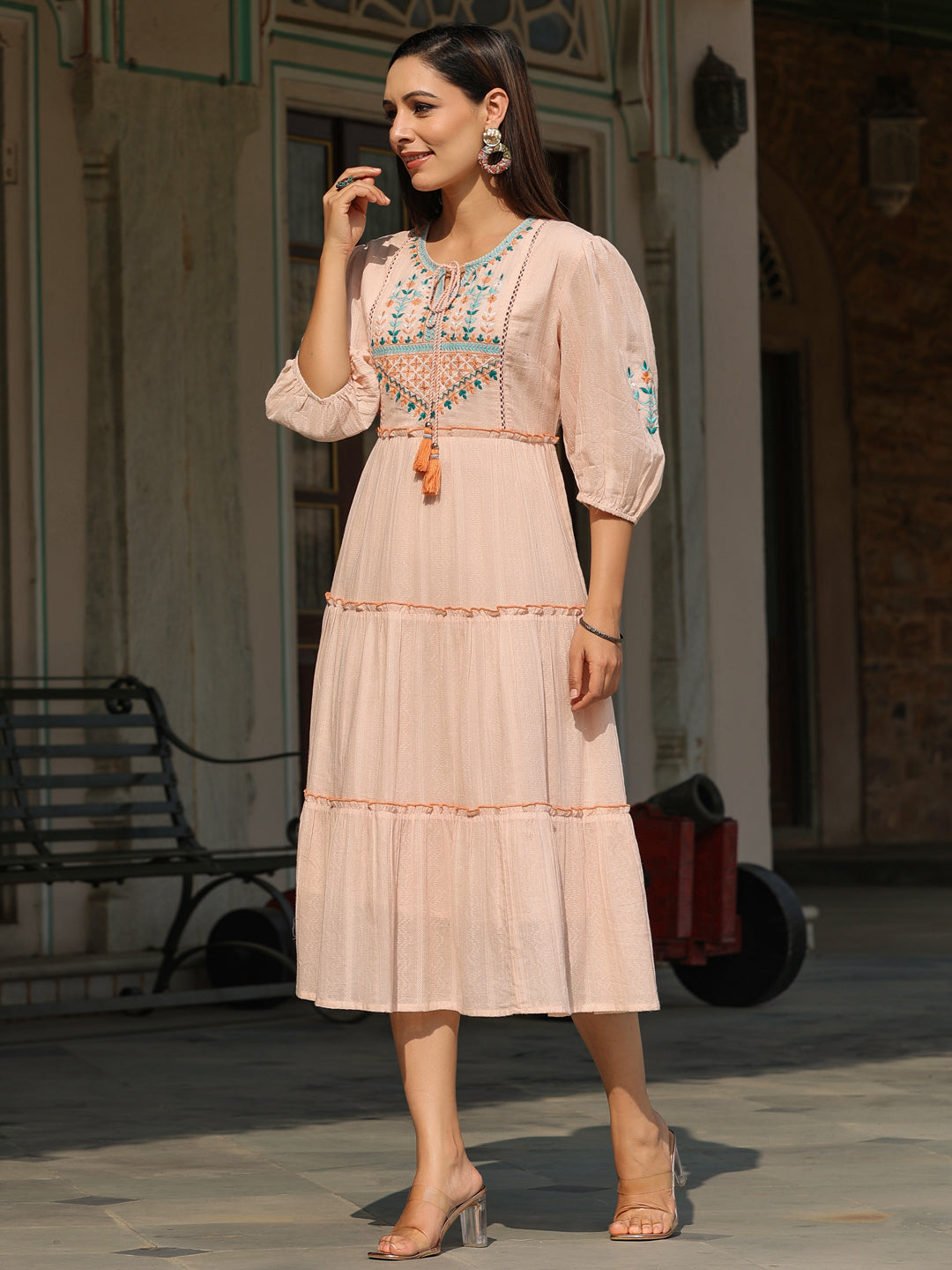 Juniper Women Peach Cotton Dobby Embroidered Tiered Maxi Dress | Grocsy