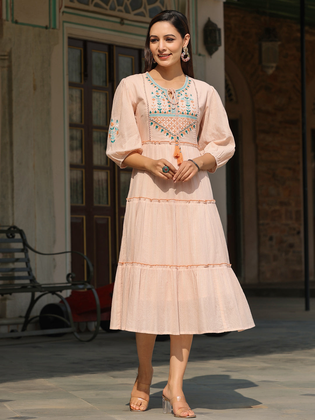 Juniper Women Peach Cotton Dobby Embroidered Tiered Maxi Dress | Grocsy