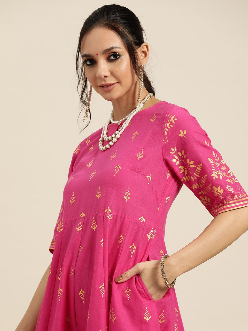 Sangria Women Pink & Golden Ethnic Motifs Printed Keyhole Neck Kurta | Grocsy