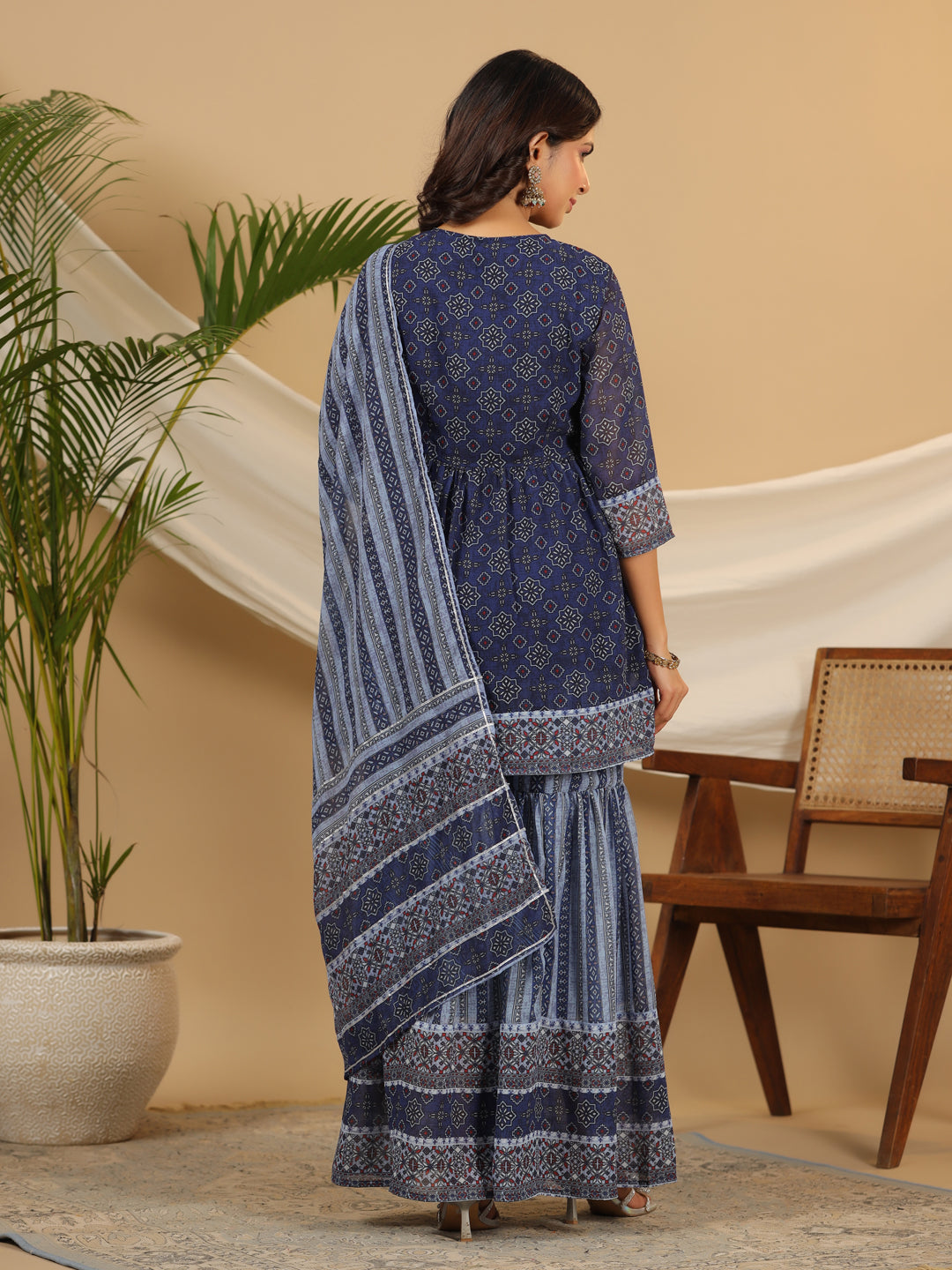 Juniper Navy Blue Geometric Printed Georgette Gota Kurta Sharara & Dupatta Set With beads & Sequins | Grocsy