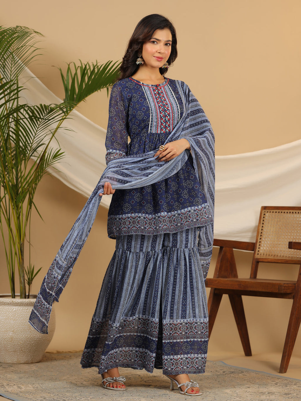 Juniper Navy Blue Geometric Printed Georgette Gota Kurta Sharara & Dupatta Set With beads & Sequins | Grocsy