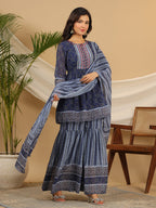 Juniper Navy Blue Geometric Printed Georgette Gota Kurta Sharara & Dupatta Set With beads & Sequins | Grocsy